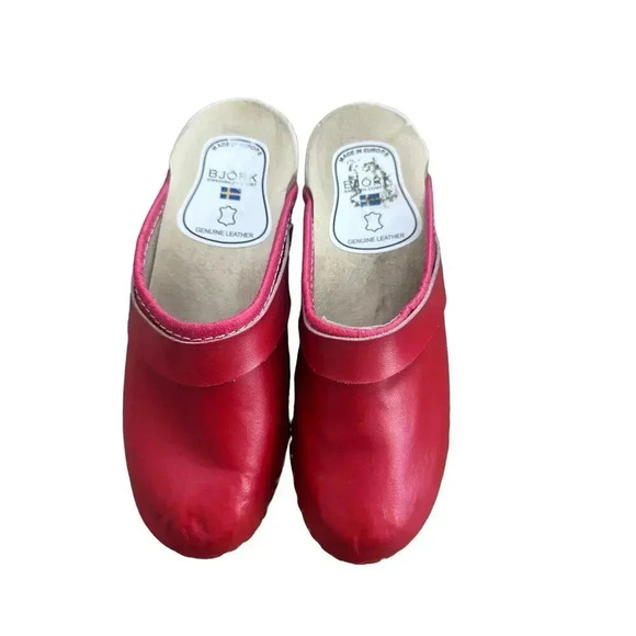Bjork Red Swedish Wooden Block Sole Leather Slip-On Clogs Size 36 - Picture 1 of 10